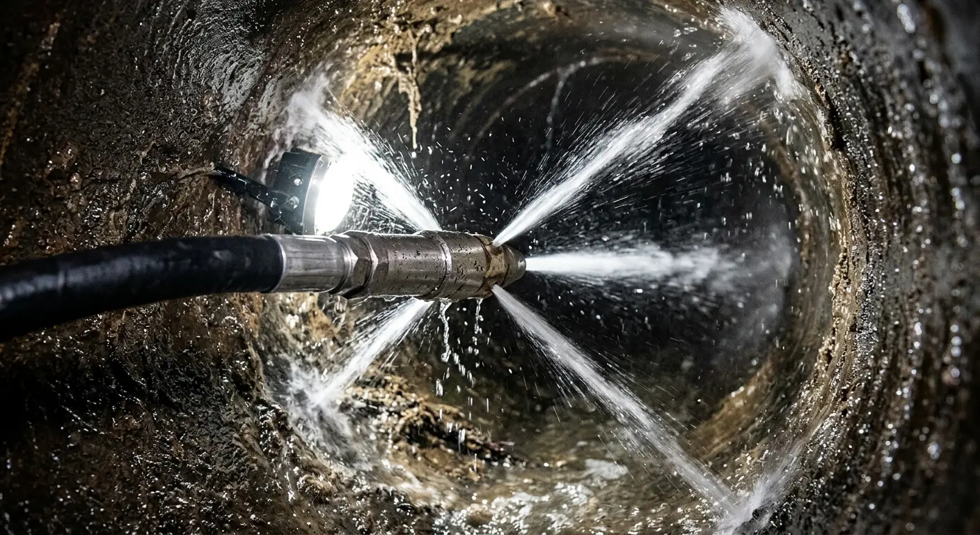 High-pressure hydro jetting nozzle cleaning sewer pipe for Emergency Drain Service in Affton