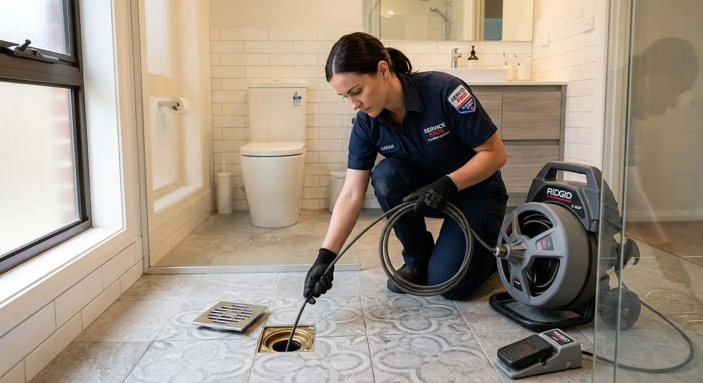 Technician clearing a bathroom floor drain for Sewer Line Installation in Affton